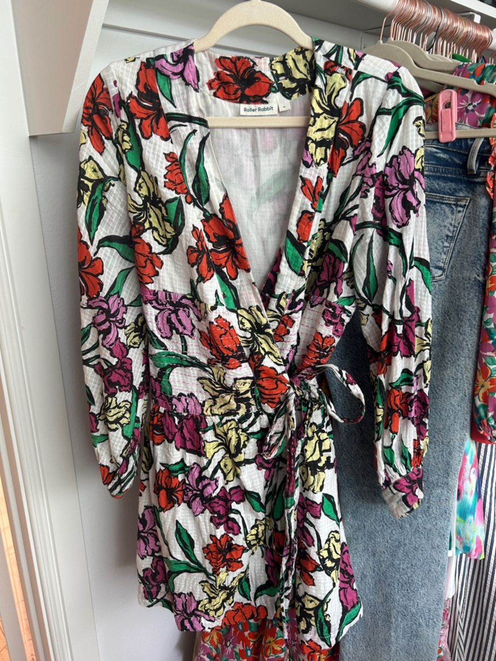 Roller Rabbit White Floral Tie-Waist Wrap Dress with Red, Pink & Yellow Blooms